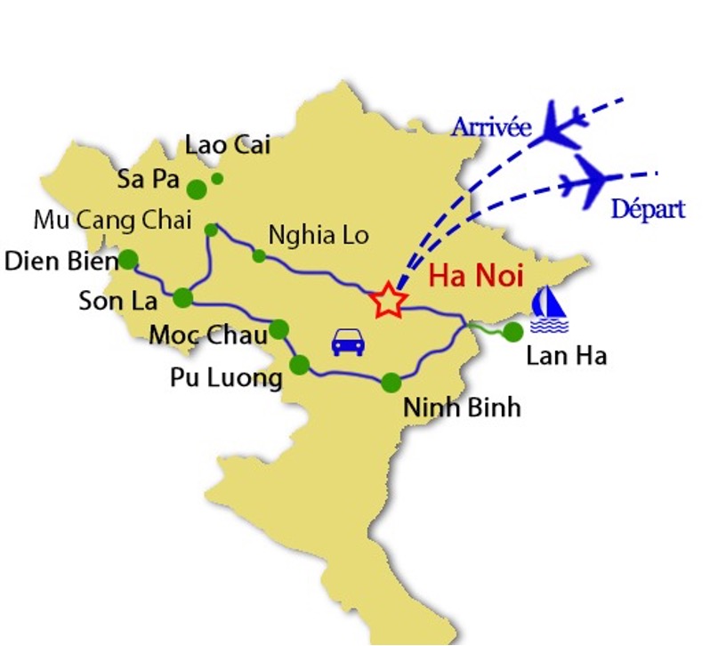 Carte du circuit d'exception Voyage nord ouest du Vietnam avec l'agence locale Francophone Tonkin Voyage bas&eacute;e &agrave; Hanoi Vietnam